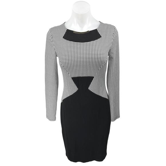 Venus Black White Houndstooth Long Sleeve Knee Length Pencil Sheath Dress Size 4 - Picture 1 of 4